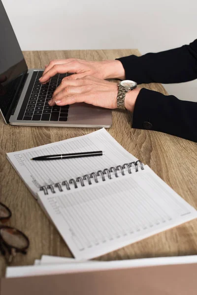 Cropped View Businesswoman Using Laptop Notebook Blurred Foreground Isolated Grey — Stock Photo, Image