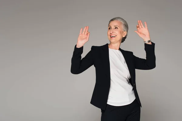 Cheerful Businesswoman Standing Isolated Grey — Stock Photo, Image