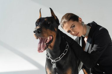 Doberman köpeği şık bir kadının yanında. Gri arka planda gölgeli kameraya bakıyor.