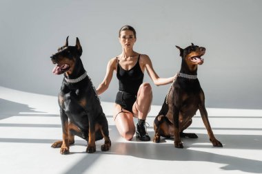 Siyah elbiseli esmer kadın gölgeli gri arka plandaki Dobermanlar 'ın yakınındaki kameraya bakıyor.