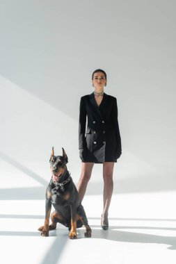 Siyah ceketli bir kadın gri arka planda gölgeli Doberman 'ın yanındaki kameraya bakıyor.