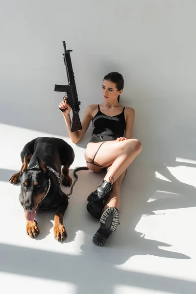 Høy Vinkel Sexy Kvinne Med Rifle Nær Doberman Dog Grå – stockfoto