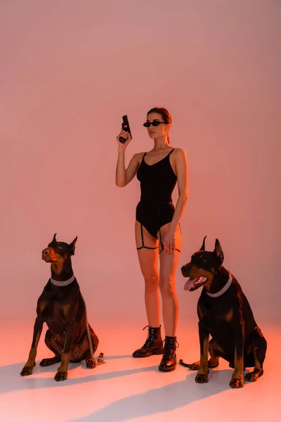 Μελαχρινή Γυναίκα Bodysuit Κρατώντας Όπλο Κοντά Dobermans Ροζ Φόντο Κίτρινο — Φωτογραφία Αρχείου