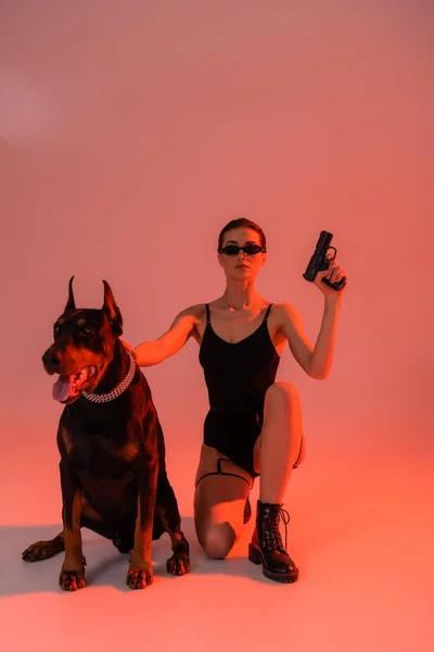 Doberman Hund Kedja Krage Nära Sexig Kvinna Med Pistol Rosa — Stockfoto