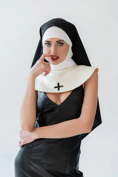 Seductive Nun Touching Lips While Looking Camera Isolated Grey — Stock Photo, Image