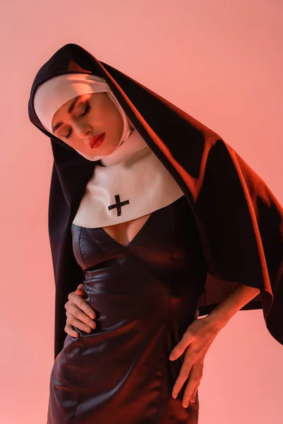 Seductive Nun Leather Dress Posing Closed Eyes Isolated Pink — Stock Photo, Image