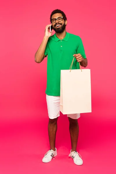 Full Length Happy African American Man Glasses Talking Smartphone Holding — Stock Photo, Image