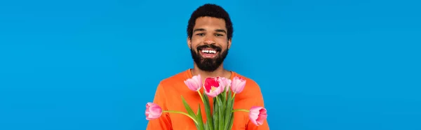 Hombre Afroamericano Feliz Sosteniendo Tulipanes Rosados Aislados Azul Bandera — Foto de Stock