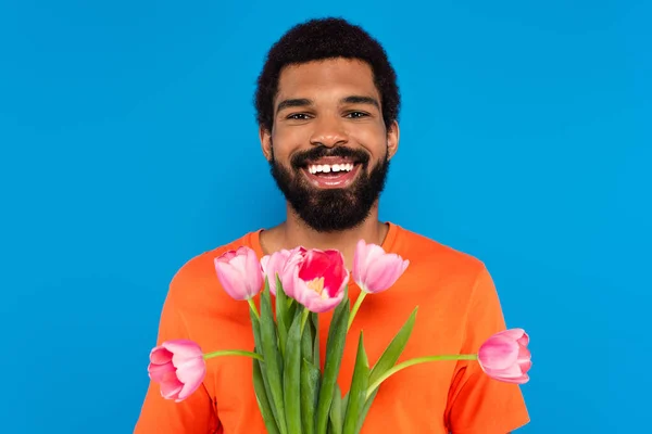 Glimlachende Afro Amerikaanse Man Met Roze Tulpen Geïsoleerd Blauw — Stockfoto