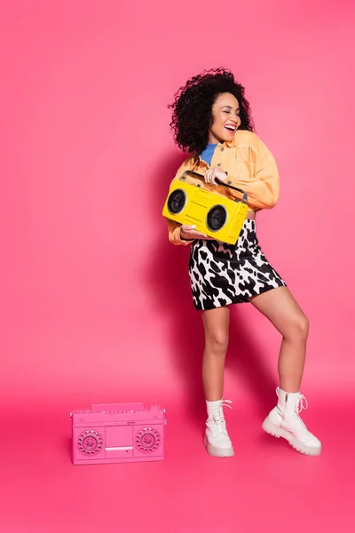Full Length Cheerful African American Woman Holding Yellow Boombox Pink — Stock Photo, Image