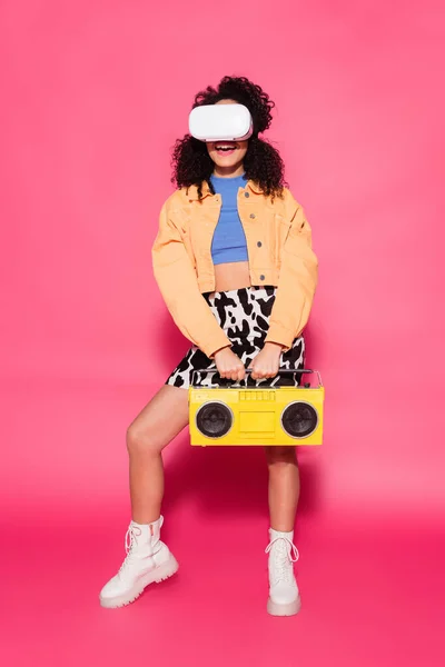 Full Length Smiling African American Woman Headset Holding Boombox Pink — Stock Photo, Image