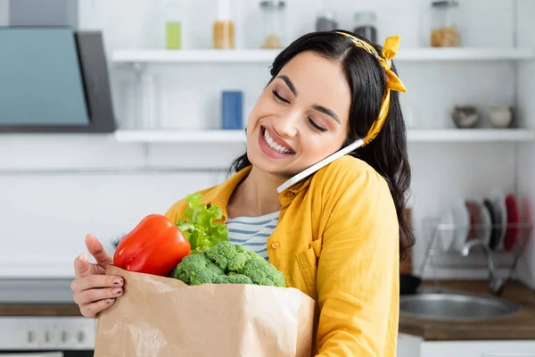 Alegre Morena Mujer Sosteniendo Bolsa Papel Con Comestibles Hablando Smartphone —  Fotos de Stock