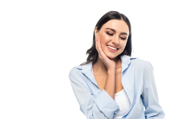 Brunette Woman Touching Face While Smiling Isolated White — Stock Photo, Image