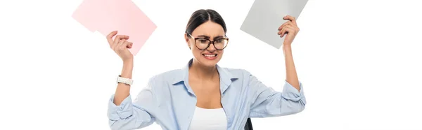 Overworked Businesswoman Closed Eyes Holding Folders Isolated White Banner — Stock Photo, Image