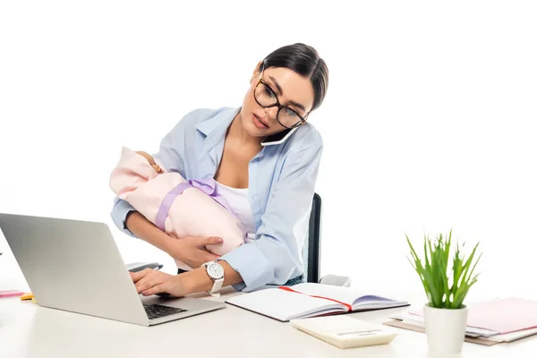 Young Businessman Typing Laptop While Holding Infant Baby Isolated White — Stock Photo, Image