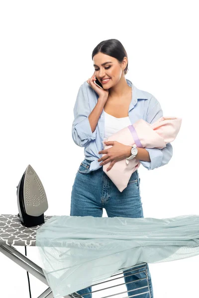 Smiling Woman Holding Newborn Baby Talking Mobile Phone Ironing Board — Stock Photo, Image