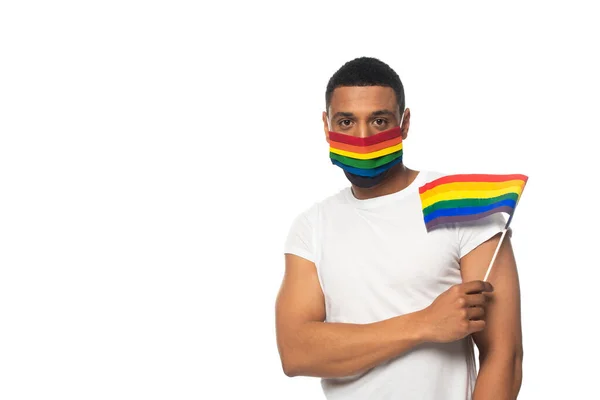 African American Man Wearing Rainbow Colors Medical Mask Holding Small — Stock Photo, Image