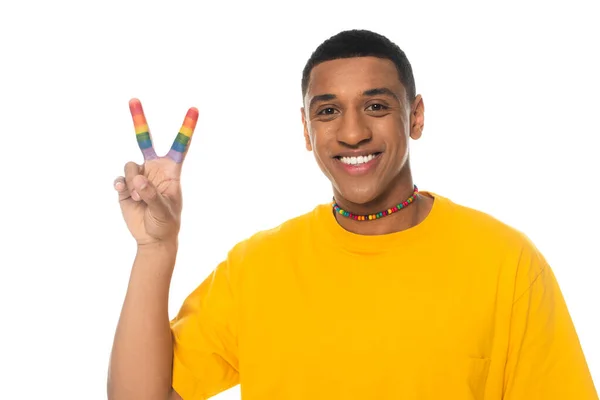 Happy African American Man Showing Peace Sign Fingers Painted Lgbt — Stock Photo, Image