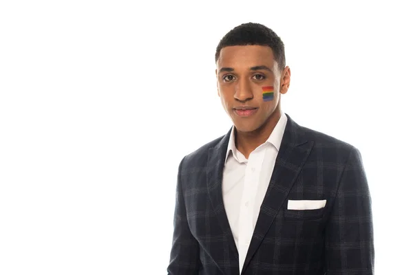 Young African American Businessman Lgbt Flag Painted Face Isolated White — Stock Photo, Image