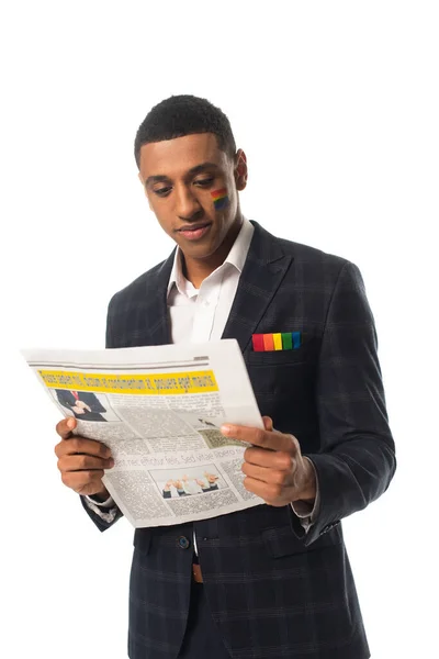 African American Businessman Lgbt Flag Painted Face Reading Newspaper Isolated — Stock Photo, Image