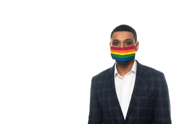 Afrikaans Amerikaanse Zakenman Regenboog Kleuren Medisch Masker Geïsoleerd Wit Lgbt — Stockfoto