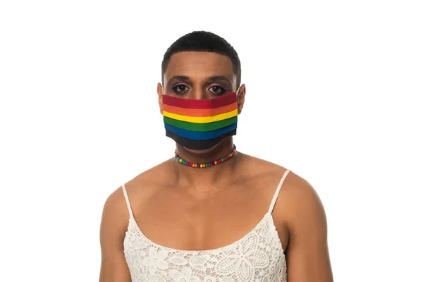 African American Transgender Man Lgbt Colors Medical Mask Isolated White — Stock Photo, Image