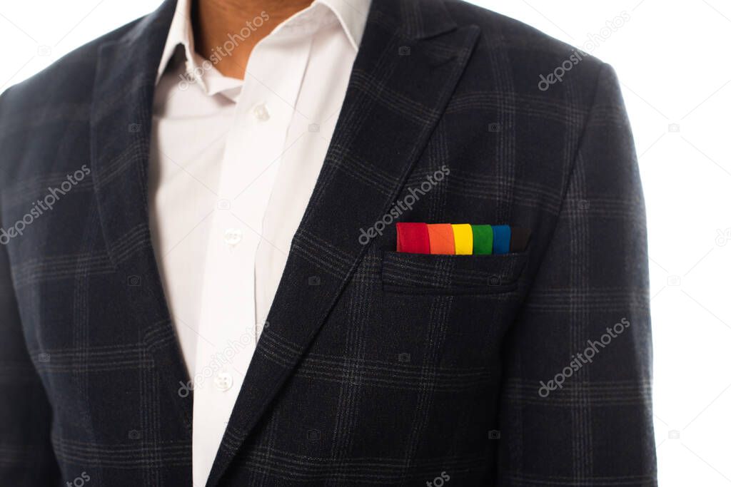 cropped of african american businessman with handkerchief in rainbow colors isolated on white, lgbt concept