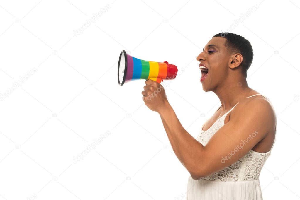 african american transgender man in sundress shouting in loudspeaker isolated on white