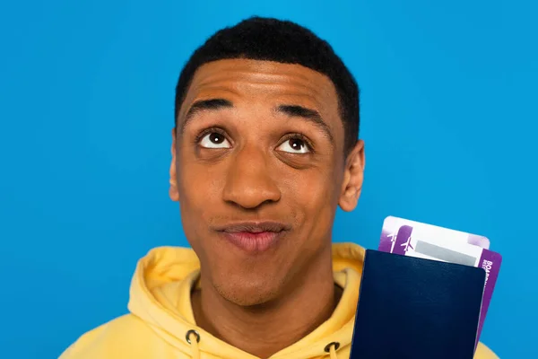 Headshot Thoughtful African American Man Holding Passport Air Tickets Hands — Stock Photo, Image