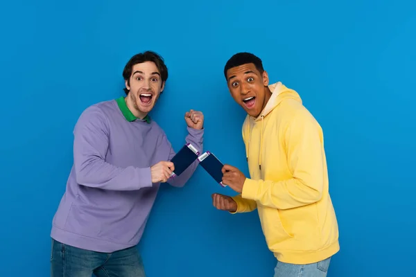 Excited Interracial Friends Holding Passports Air Tickets Hands Isolated Blue — Stock Photo, Image