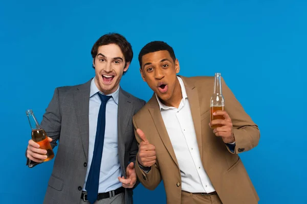 Interracial Friends Suits Celebrating Success Beer Bottles Thumbs Gestures Isolated — Stock Photo, Image