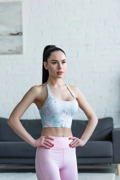 Sportive Woman Sports Bra Standing Hands Hips Home — Stock Photo, Image