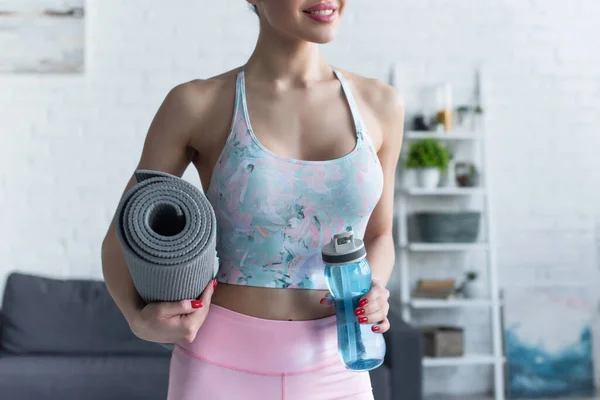 Partial View Smiling Woman Holding Fitness Mat Sports Bottle Home — Stock Photo, Image