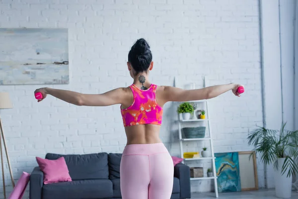 Back View Tattooed Woman Sportswear Training Dumbbells — Stock Photo, Image