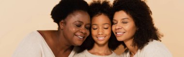 african american daughter, granddaughter and grandmother hugging cheeks to cheeks on beige background, banner clipart