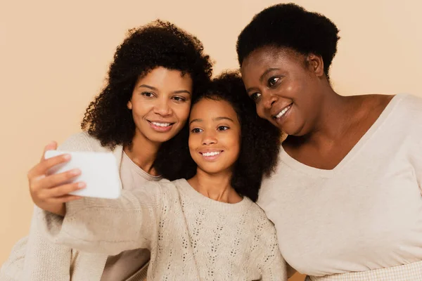 Smiling African American Daughter Granddaughter Grandmother Taking Selfie Cellphone Together — Stock Photo, Image