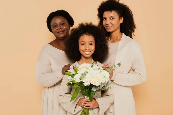 Happy Family African American Grandmother Daughter Granddaughter Bouquet Flowers Isolated — Stock Photo, Image