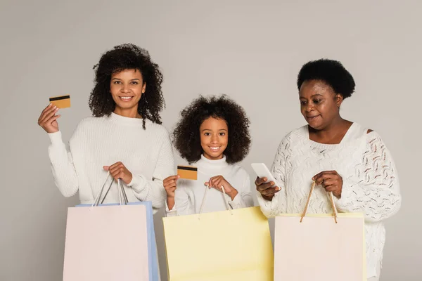 African American Mother Daughter Grandmother Holding Shopping Bags Credit Cards — Stock Photo, Image