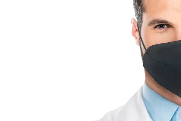 Bijgesneden Weergave Van Mens Zwart Gebreid Medisch Masker Kijken Naar — Stockfoto