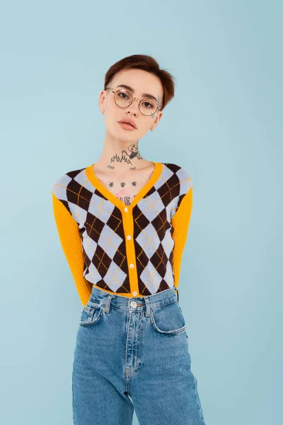 Young Tattooed Woman Glasses Posing Isolated Blue — Stock Photo, Image