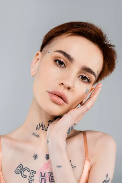 young and tattooed woman looking at camera isolated on grey