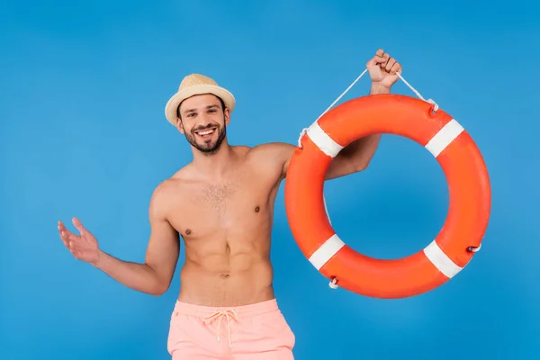 Cheerful Shirtless Man Holding Life Buoy Isolated Blue — Stock Photo, Image