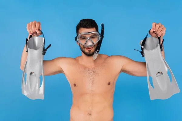 Shirtless Man Swimming Goggles Holding Flippers Isolated Blue — Stock Photo, Image