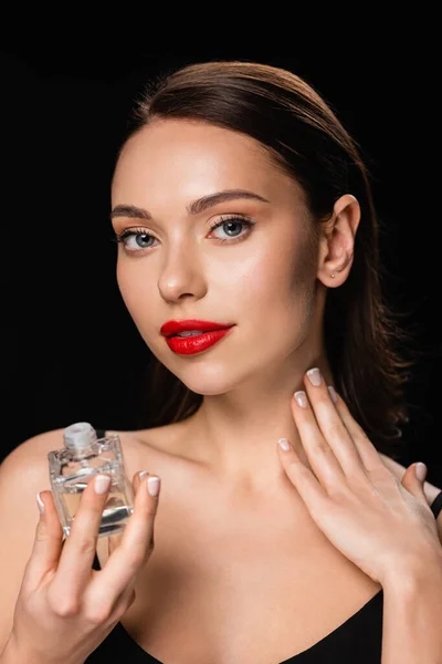 Pretty Woman Applying Perfume Neck Isolated Black — Stock Photo, Image