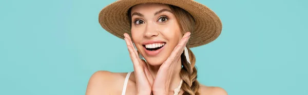 Happy Woman Sun Hat Looking Camera Isolated Blue Banner — Stock Photo, Image