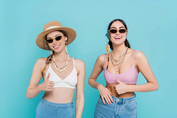 Cheerful Friends Sunglasses Showing Thumbs Isolated Blue — Stock Photo, Image