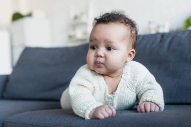 Afro-Amerikan bebek örgü şortlu çocuk evdeki kanepede sürünüyor.