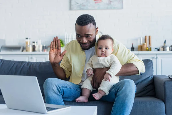 Happy African American Man Little Daughter Waving Hand Video Call — Stock Photo, Image