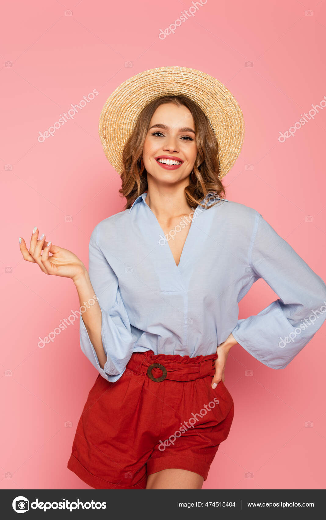 Stylish Woman Sun Hat Smiling Camera Posing Isolated Pink — Stock Photo ©  IgorVetushko #474515404