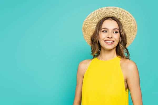 Cheerful Woman Straw Hat Looking Away Isolated Blue — Stock Photo, Image